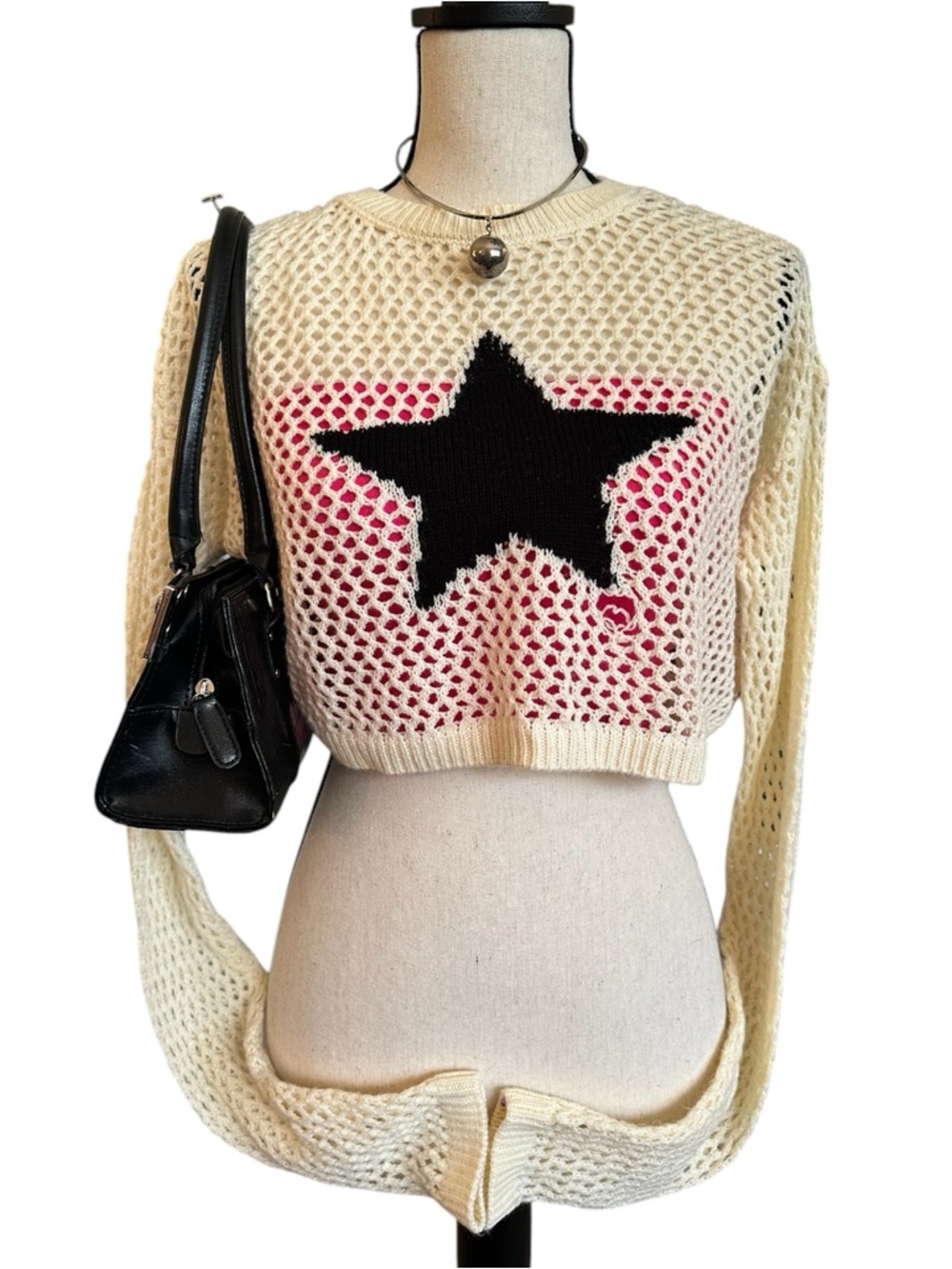 Cropped Indie Grunge Crochet Knit Sweater by Social Collision | Small